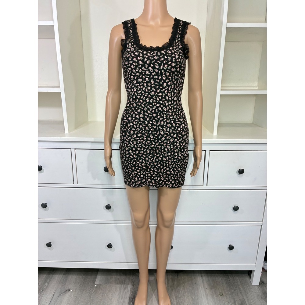 HM Divided Womens Floral Ribbed Mini Dress Black Pink Lace Trim Size M
